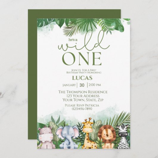 サファリアニマルズワイルドワンボーイズファースト誕生日 招待状 (正面/裏面)
