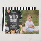 サファリアニマルズワイルドワン誕生日ブラックフォト 招待状 (正面/裏面)