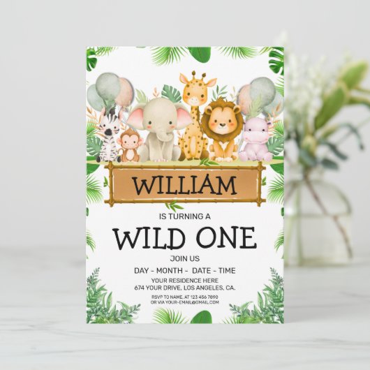 サファリアニマルズワイルドワン誕生日写真招待状 招待状 (スタンド正面)