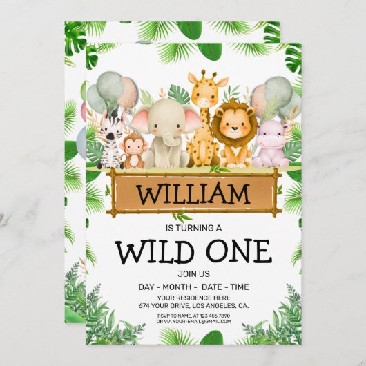 サファリアニマルズワイルドワン誕生日写真招待状 招待状 (正面/裏面)