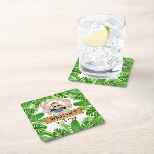 サファリアニマルズワイルドワン誕生日写真 スクエアペーパーコースター (インサイチュ)