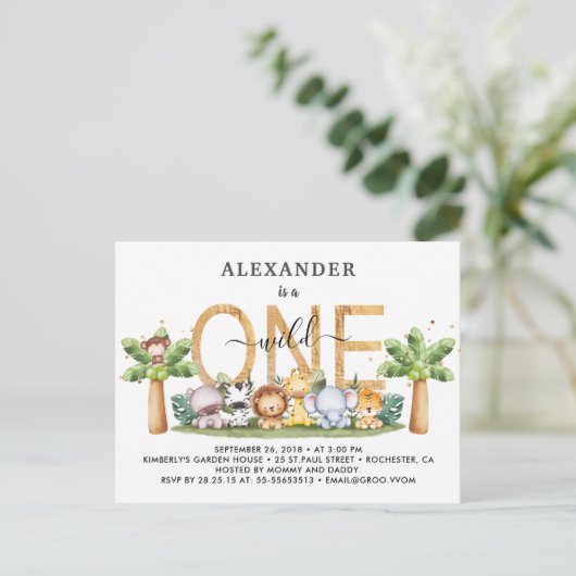 サファリアニマルズワイルドワン誕生日招待状 ポストカード (スタンド正面)