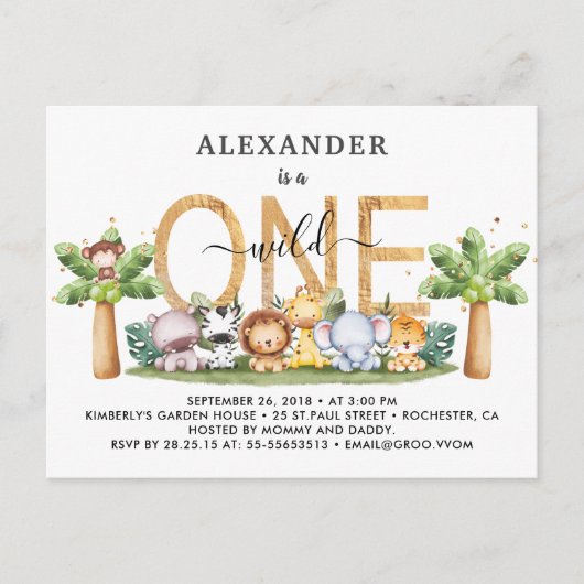 サファリアニマルズワイルドワン誕生日招待状 ポストカード (正面)