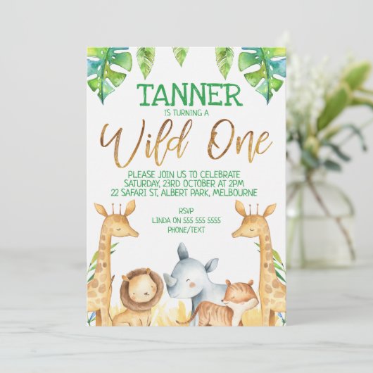サファリアニマルズワイルドワン誕生日招待状 招待状 (スタンド正面)