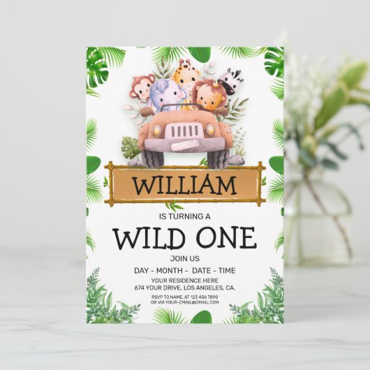 サファリアニマルズワイルドワン誕生日招待状 招待状 (スタンド正面)