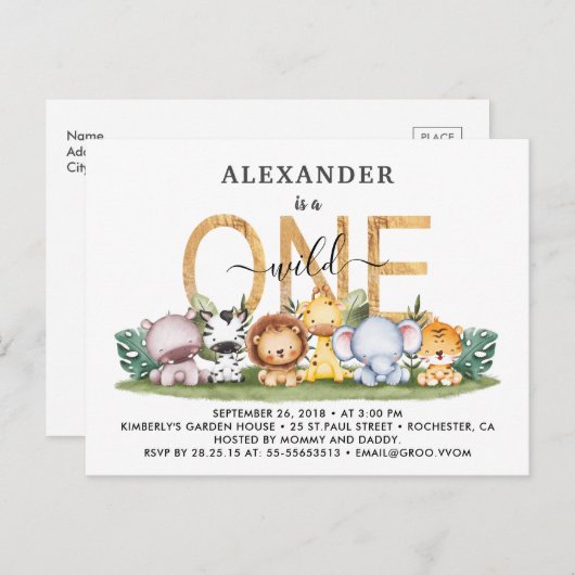 サファリアニマルズワイルドワン1歳の誕生日招待状ポー ポストカード (正面/裏面)