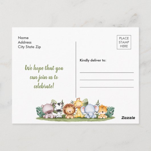 サファリアニマルズワイルドワン1歳の誕生日招待状ポー ポストカード (裏面)