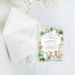 サファリアニマルトロピカルグリーンワイルドワンベビーシャワー アクリル招待状