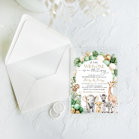 サファリアニマルトロピカルグリーンワイルドワンベビーシャワー アクリル招待状
