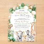 サファリアニマルトロピカルグリーンワイルドワンベビーシャワー アクリル招待状 (正面)