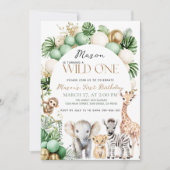 サファリアニマルトロピカルグリーンワイルドワン誕生日 招待状 (正面)