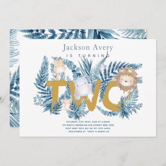 サファリアニマルトロピカルセカンド誕生日 招待状 (正面/裏面)