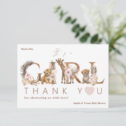 サファリアニマルトロピカルフローラガールベビーシャワー サンキューカード (スタンド正面)
