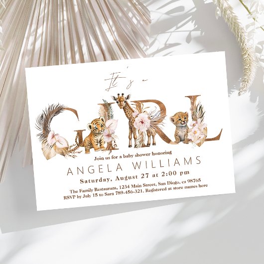 サファリアニマルトロピカルフローラガールベビーシャワー 招待状