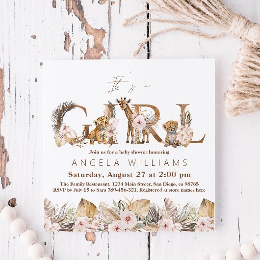 サファリアニマルトロピカルフローラガールベビーシャワー 招待状