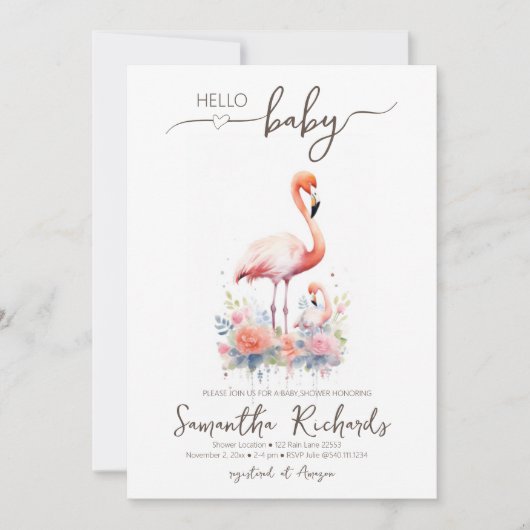 サファリアニマルフラミンゴフローラママ赤ちゃんシャワー 招待状 (正面)