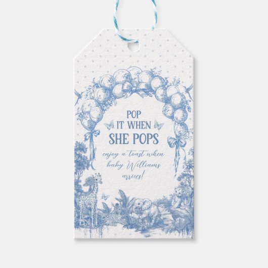サファリアニマルブルートイル男の赤ちゃんシャワーシャワーシザーポップ ギフトタグ (正面)