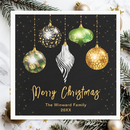 サファリアニマルプリントオーナメントメリークリスマス スタンダードカクテルナプキン