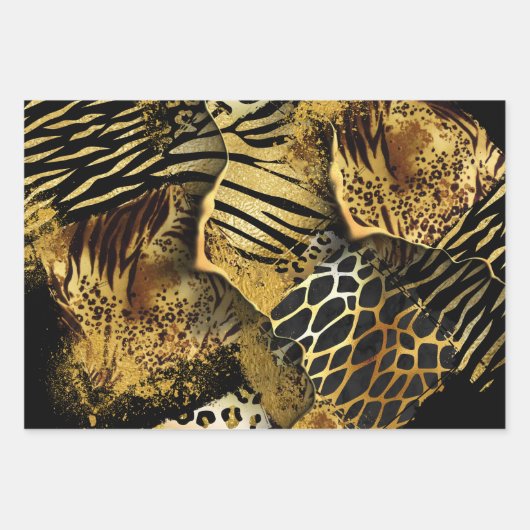 サファリアニマルプリント金ゴールドブラックアフリカプリント ラッピングペーパーシート (正面3)