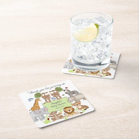 サファリアニマルベビシャワーパーティー スクエアペーパーコースター (インサイチュ)