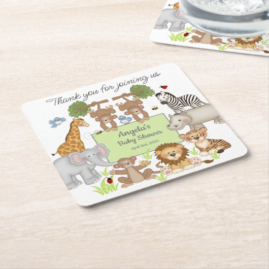 サファリアニマルベビシャワーパーティー スクエアペーパーコースター (アングル)