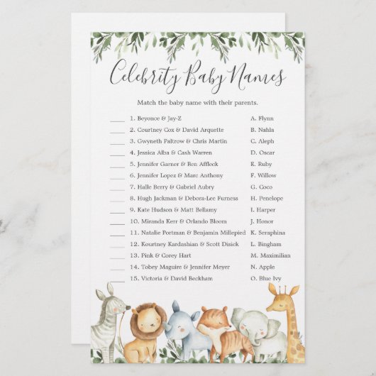 サファリアニマルベビシャワー有名人赤ちゃん名 (正面/裏面)