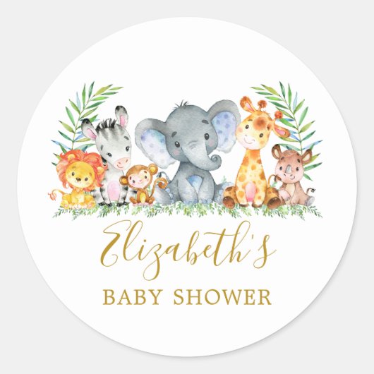 サファリアニマルベビシャワー金ゴールド封筒用シール ラウンドシール (正面)