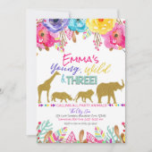 サファリアニマルヤングワイルドスリーガールズ誕生日 招待状 (正面)