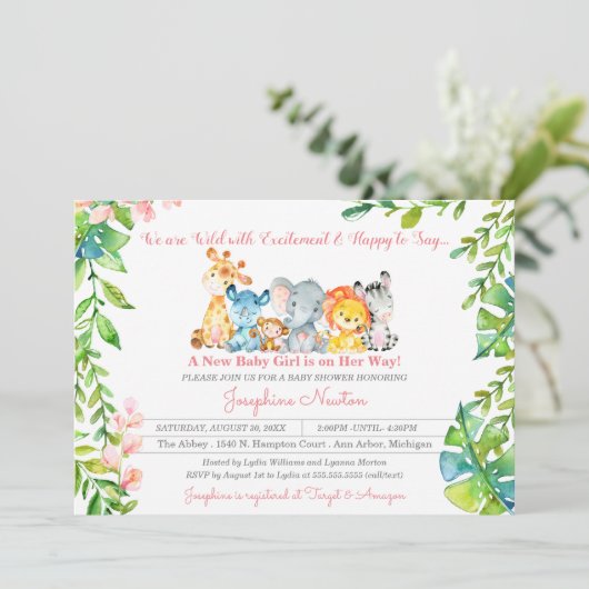 サファリアニマルワイルドジャングルガールベビーシャワー 招待状 (スタンド正面)