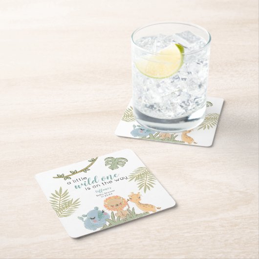 サファリアニマルワイルドワンガールベビーシャワー スクエアペーパーコースター (インサイチュ)