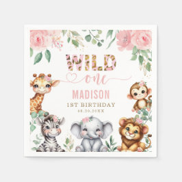 サファリアニマルワイルドワン赤面ピンクフローラ誕生日 スタンダードカクテルナプキン