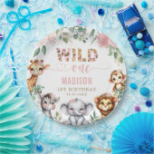 サファリアニマルワイルドワン赤面ピンクフローラ誕生日 ペーパープレート (パーティー)