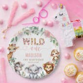 サファリアニマルワイルドワン赤面ピンクフローラ誕生日 ペーパープレート (パーティー)