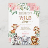 サファリアニマルワイルドワン赤面フローラ1st誕生日 サンキューカード (正面/裏面)