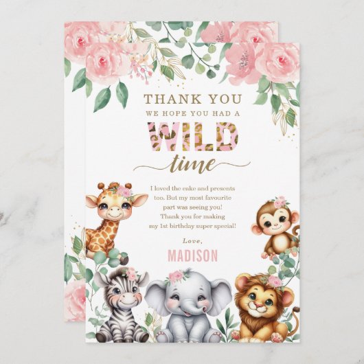 サファリアニマルワイルドワン赤面フローラ1st誕生日 サンキューカード (正面/裏面)