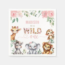 サファリアニマル赤面ピンクフローラワイルドワン誕生日 スタンダードカクテルナプキン