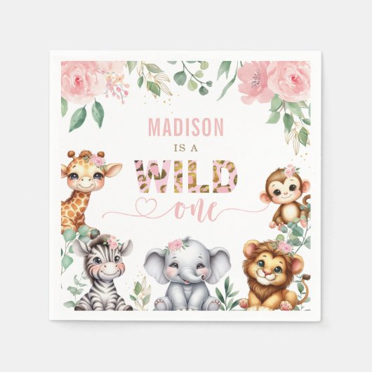 サファリアニマル赤面ピンクフローラワイルドワン誕生日 スタンダードカクテルナプキン (正面)