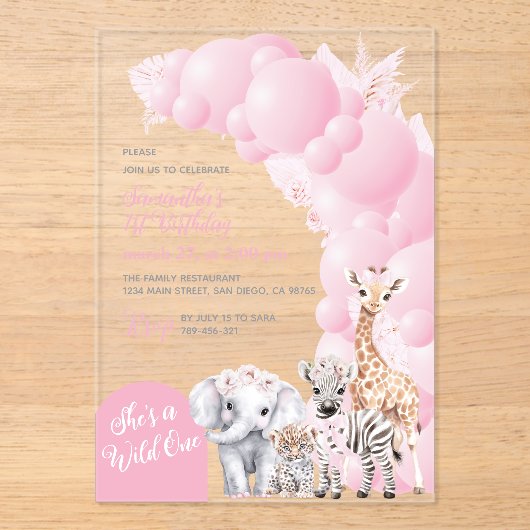 サファリアニマル赤面ピンクワイルドワンガール誕生日 アクリル招待状 (正面)