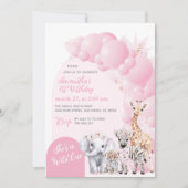 サファリアニマル赤面ピンクワイルドワンガール誕生日 招待状 (正面)