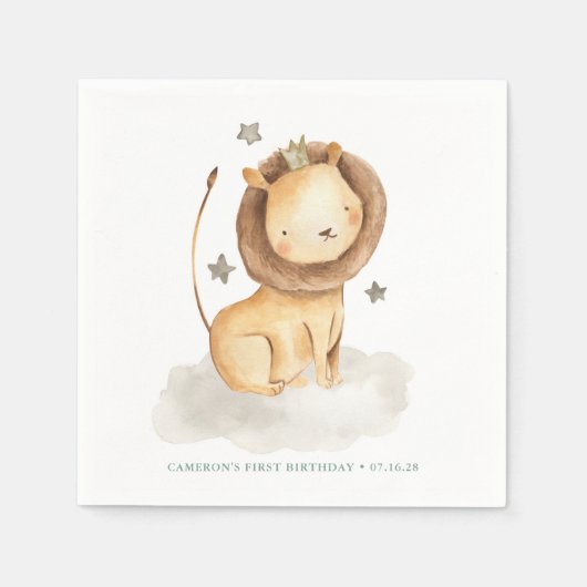 サファリウォーターカラーライオンプリンス子供の誕生日 スタンダードカクテルナプキン (正面)
