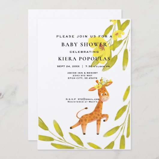 サファリエレガントキリンフローラ赤ちゃんシャワー 招待状 (正面/裏面)