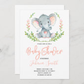 サファリエレファントウォーターカラーガールベビーシャワー 招待状 (正面/裏面)
