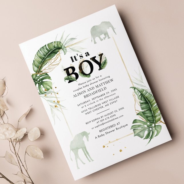 サファリエレファントキレーフベビーシャワー招待状 (Elephant Giraffe Safari Baby Shower Invitation)
