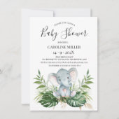 サファリエレファント金ゴールドグリーン葉ベビーシャワー 招待状 (正面)