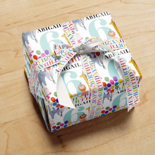 サファリカラフル動物ハッピーバースデー名(年) ラッピングペーパー