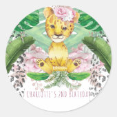 サファリガールパーティーライオンイラストレーション パーソナライズされた ラウンドシール (正面)