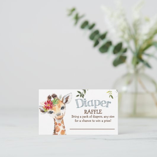 サファリキリンおむつラッフルブルーベビーシャワー エンクロージャーカード (スタンド正面)