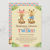 サファリキリン双子の男の子と女の子かわいい赤ちゃんシャワー 招待状 (正面/裏面)