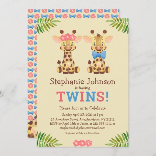 サファリキリン双子の男の子と女の子かわいい赤ちゃんシャワー 招待状 (正面/裏面)