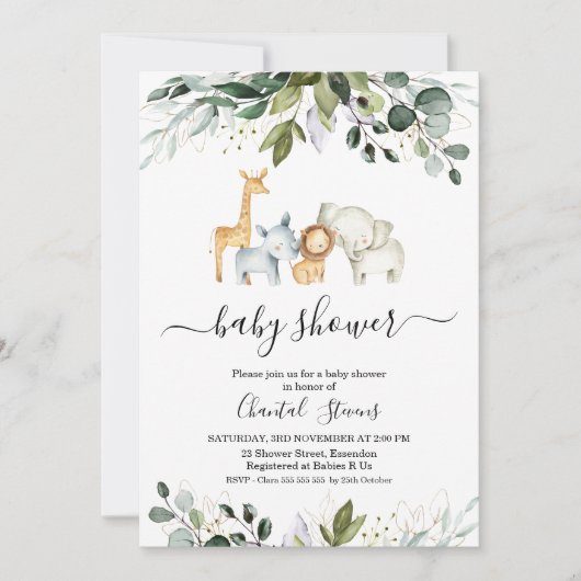 サファリグリーン金ゴールドブリーベイビーシャワー招待状 招待状 (正面)